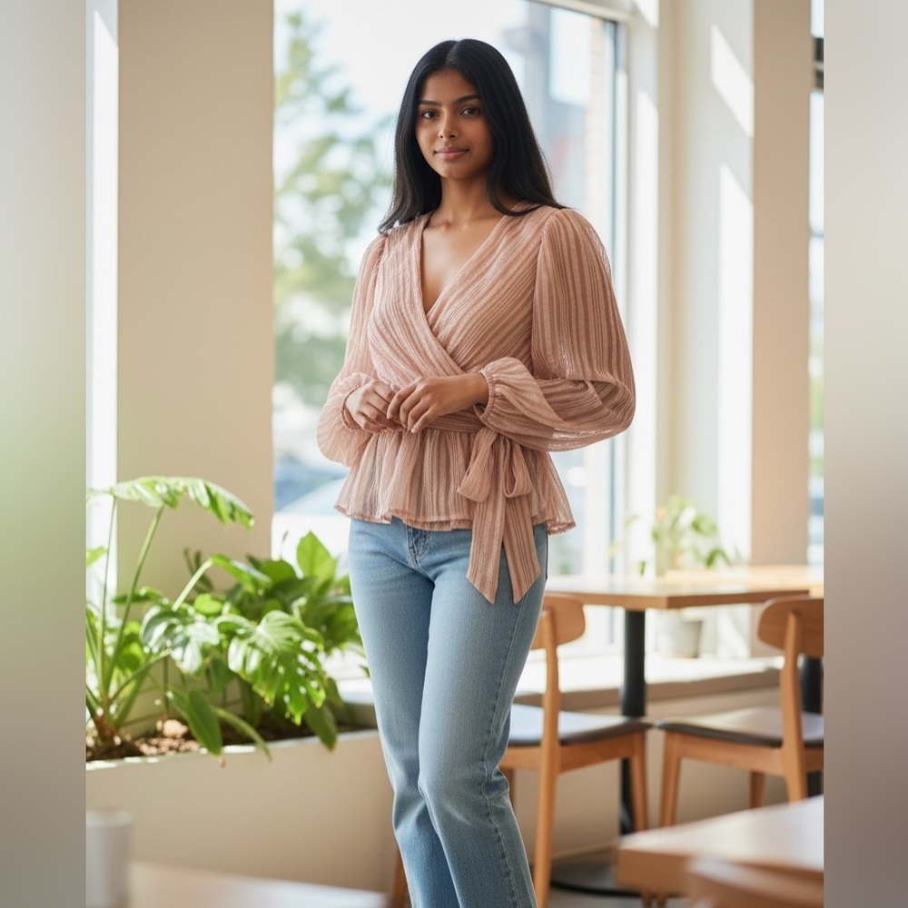 A. Calin by flying tomato blouse with long puffy sleeves and tie waist - Picture 1 of 5